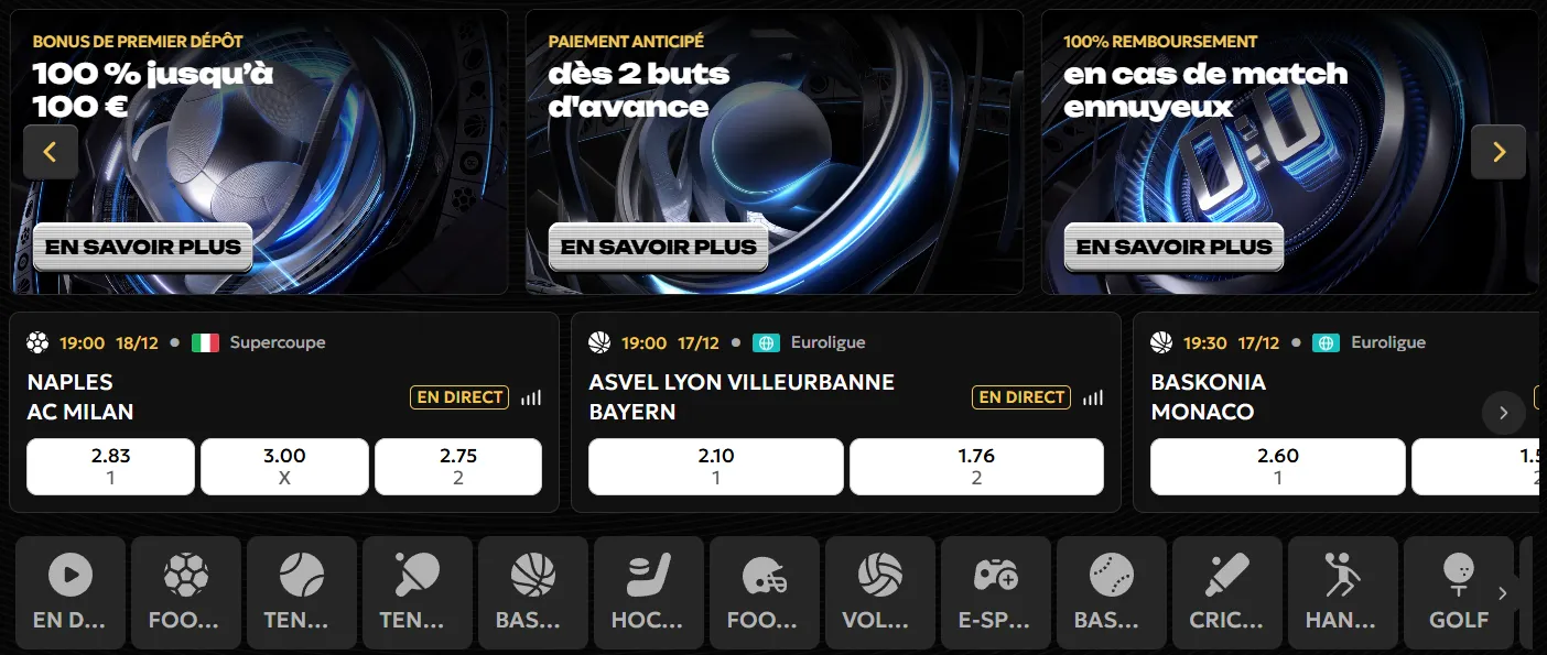 Paris sportifs du Spinsy Casino avec événements en direct